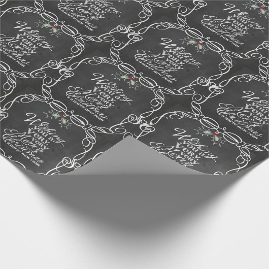 Papier Cadeau Carton noir Mistletos blanc Script Joyeux Noël (Coin)