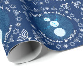 Papier Cadeau Cartoon bleu Snowman Holiday Happy Hanoukka (Coin rond)