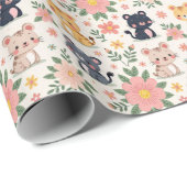 Papier Cadeau Cartoon Jungle Cats and Flowers (Coin rond)