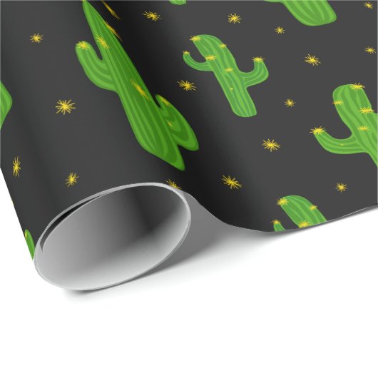 Papier Cadeau Cartoon Plantes de Cactus en noir (Coin rond)