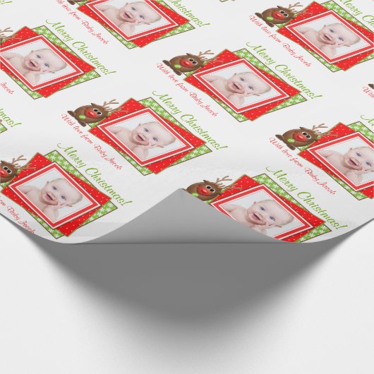 Papier Cadeau Cartoon Reindeer Baby Photo de Noël personnalisé (Coin)