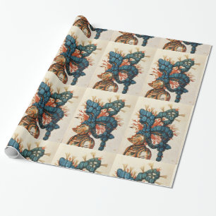 PAPIER CADEAU CASQUE DE CHEVALIER ANTIQUE AUX FEUILLES BLEU ROUG