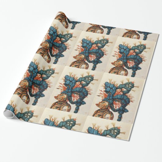 PAPIER CADEAU CASQUE DE CHEVALIER ANTIQUE AUX FEUILLES BLEU ROUG (Déroulé)