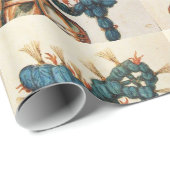 PAPIER CADEAU CASQUE DE CHEVALIER ANTIQUE AUX FEUILLES BLEU ROUG (Coin rond)