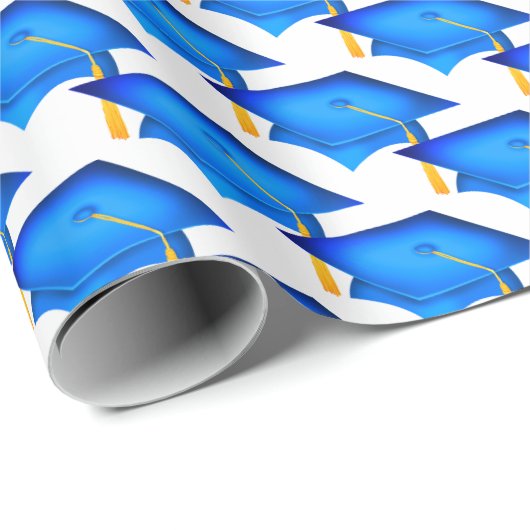 Papier Cadeau casquettes de graduation bleu avec goût or (Coin rond)