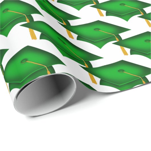 Papier Cadeau casquettes de graduation verte avec goût or (Coin rond)