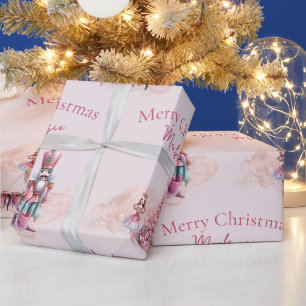 Papier Cadeau Casse-Noisette Noël Nom personnalisé sur rose clai