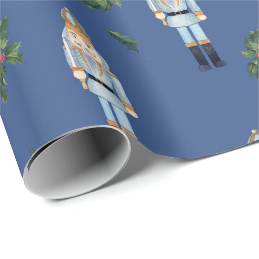 Papier Cadeau Casse-noix bleu Noël et Branches Holly Berry (Coin rond)