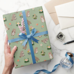 Papier Cadeau Castors & nénuphars sur fond vert clair