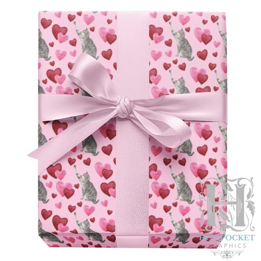 Papier Cadeau Cat Hearts Valentine Gift Wrapping Paper - Pink