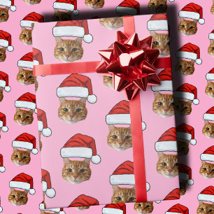 Papier Cadeau Cat Santa Hat Photo personnalisée Pink Noël