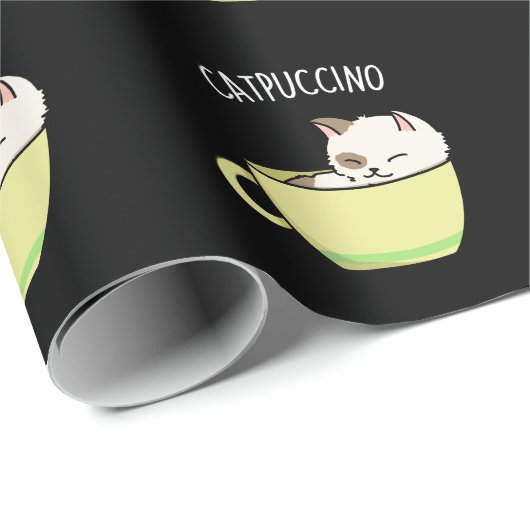 Papier Cadeau Catpuccino Funny Kitty Chat En Coupe Pun Dark BG (Coin rond)