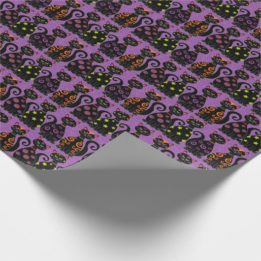 Papier Cadeau Cats noirs mignons Motif d'Halloween violet blanc (Coin)