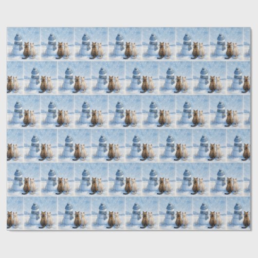 Papier Cadeau Cats Sitting With a Snowman In a Field (Plat)