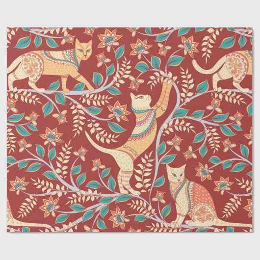 Papier Cadeau Cats with ornaments,branches with flowers and leav (Plat)