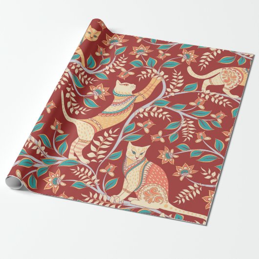 Papier Cadeau Cats with ornaments,branches with flowers and leav (Déroulé)