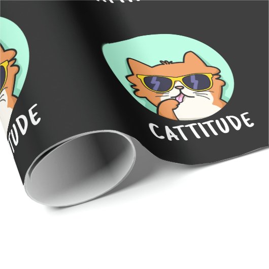 Papier Cadeau Cattitude Funny Chat Pun Dark BG (Coin rond)