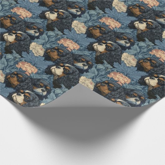 Papier Cadeau Cavalier King Charles Floral Blue Design (Coin)