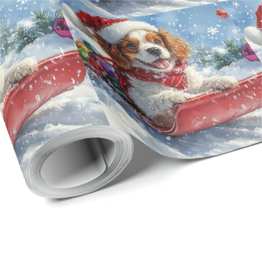 Papier Cadeau Cavalier King Charles Spaniel Chien Sledge Noël (Coin rond)