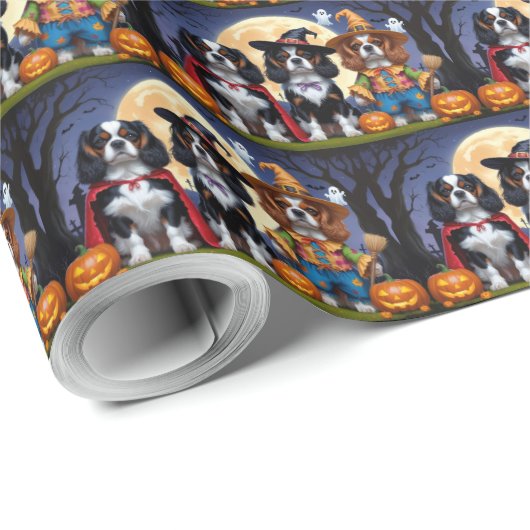 Papier Cadeau Cavalier King Charles Spaniel Citrouille Halloween (Coin rond)