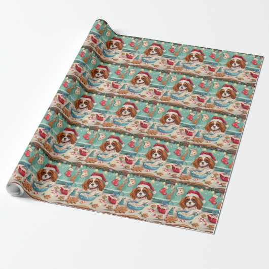 Papier Cadeau Cavalier King Charles Spaniel Cuisinant pour Noël (Déroulé)