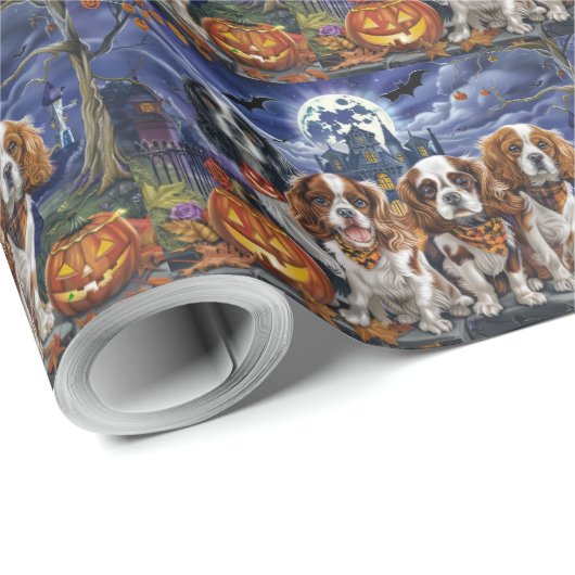 Papier Cadeau Cavalier King Charles Spaniel Halloween Éffrayant (Coin rond)
