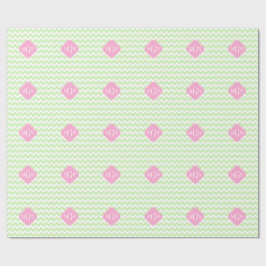 Papier Cadeau Célery Wht Chevron Pink Quatrefoil 3 Monogramme (Plat)