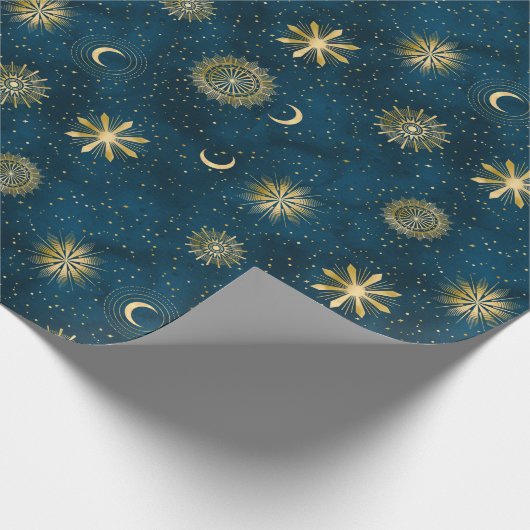 Papier Cadeau Céleste Bleu et Or Starry Night Crescent Lune (Coin)