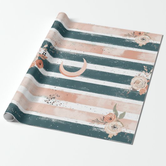 Papier Cadeau Céleste Rustique Rayure Lune Soleil Terreuse (3) (Déroulé)