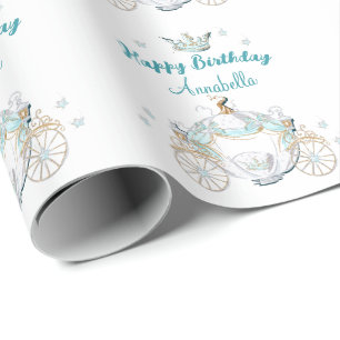 Papier Cadeau Cendrillon turquoise et or Princesse Carriage