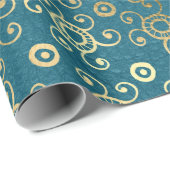 Papier Cadeau Cercles d'or et tourbillons Turquoises (Coin rond)