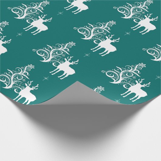 Papier Cadeau Cerf blanc avec arbre stylisé en vert et blanc (Coin)
