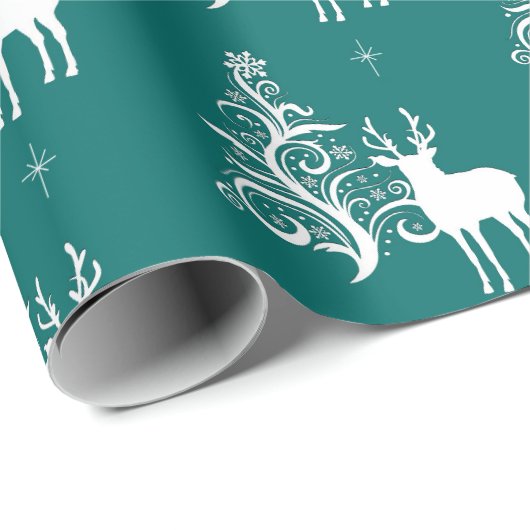 Papier Cadeau Cerf blanc avec arbre stylisé en vert et blanc (Coin rond)