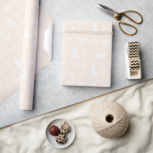 Papier Cadeau Cerf Blanc Flocons de Neige Motif Rose