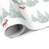Papier Cadeau Cerf Brown de Fête sous Snowy Spruce Trees Blanc (Coin rond)