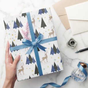 Papier Cadeau Cerf de la forêt scandinave et arbres de Noël