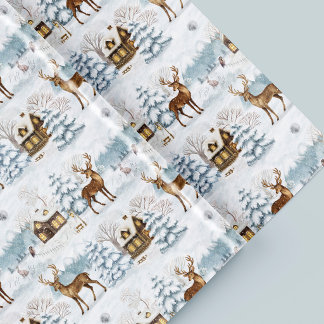 Papier Cadeau Cerf de Noël à l'aquarelle Village enneigé Hiver