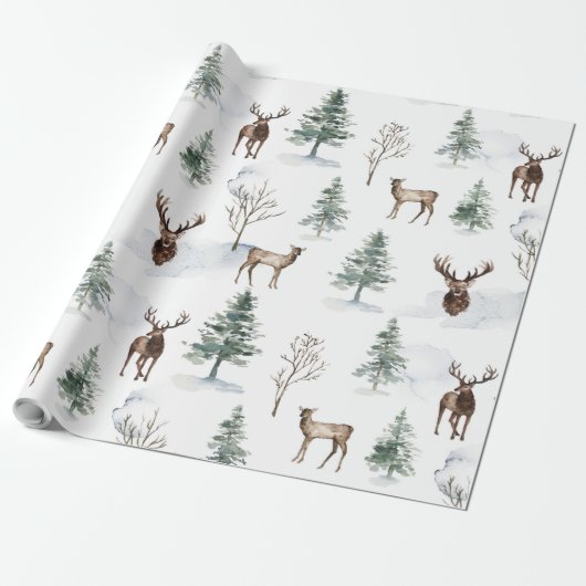 Papier Cadeau Cerf de Noël & arbres d'hiver motif (Déroulé)