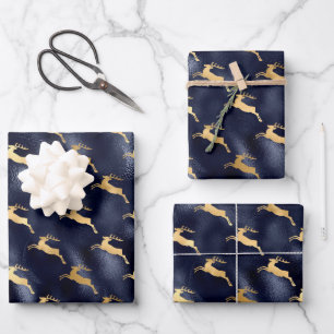Papier Cadeau Cerf de Noël Chic Motif Bleu Nuit Feuille d'Or