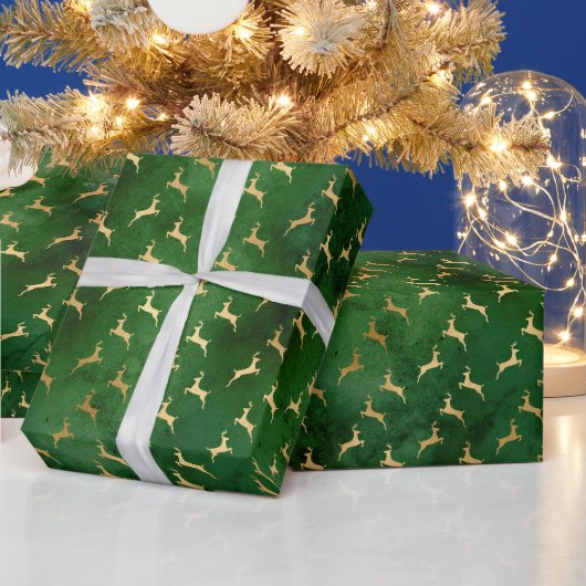 Papier Cadeau Cerf de Noël Motif Vert Or (Vacances)