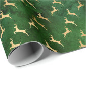 Papier Cadeau Cerf de Noël Motif Vert Or (Coin rond)