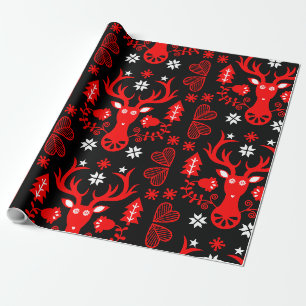 Papier Cadeau Cerf de Noël rouge scandinave