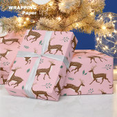 Papier Cadeau Cerf de saut rose et feuilles