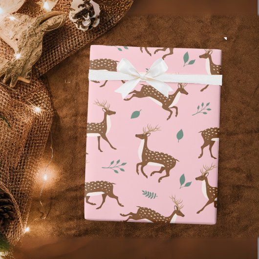 Papier Cadeau Cerf de saut rose et feuilles