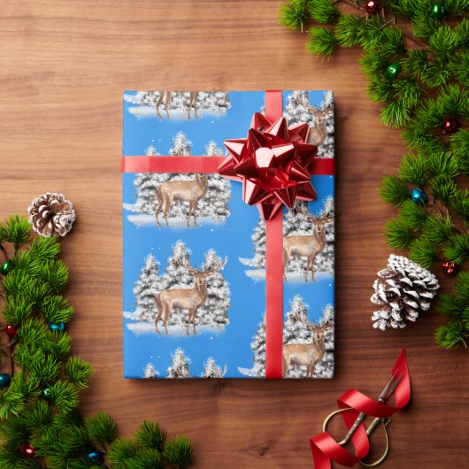 Papier Cadeau Cerf d'hiver avec chute de neige dans la forêt (Cadeau de vacances)