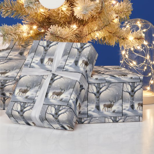 Papier Cadeau Cerf D'Hiver Avec Coeur Sur Birch Tree (Vacances)