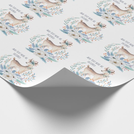 Papier Cadeau Cerf et fleurs d'hiver personnalisés à l'aquarelle (Coin)