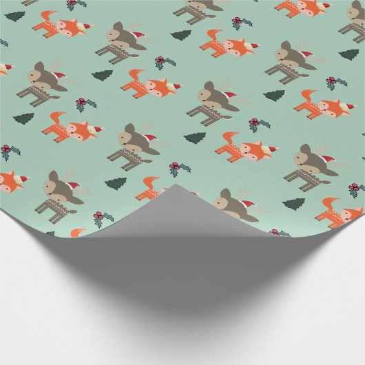 Papier Cadeau Cerf Et Renard Dans Les Chapeaux Du Père Noël (Coin)