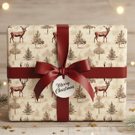 Papier Cadeau Cerf et sapin de Noël vintage