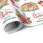 Papier Cadeau Cerf Fawn Poinsettia Oiseau Noël (Coin rond)